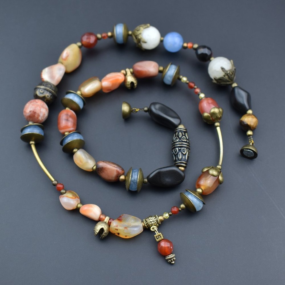 Colorful stone bead necklace, long boho bell necklace, ooak bohemian jewelry